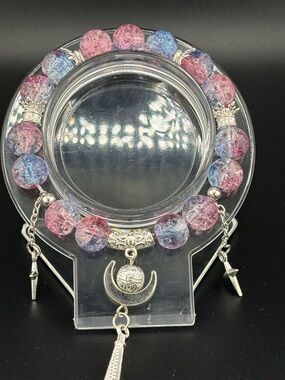 Handmade Pink & Blue Beaded Moon Charm Bracelet